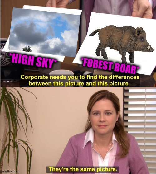 -Smells as forest fire. | *HIGH SKY*; *FOREST BOAR* | image tagged in memes,they're the same picture,forest,cute animals,weird wildlife,clouds | made w/ Imgflip meme maker