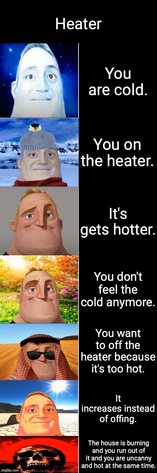 Mr incredible becoming cold to hot true version | Heater; You are cold. You on the heater. It's gets hotter. You don't feel the cold anymore. You want to off the heater because it's too hot. It increases instead of offing. The house is burning and you run out of it and you are uncanny and hot at the same time. | image tagged in mr incredible becoming cold to hot true version,mr incredible,cold to hot | made w/ Imgflip meme maker