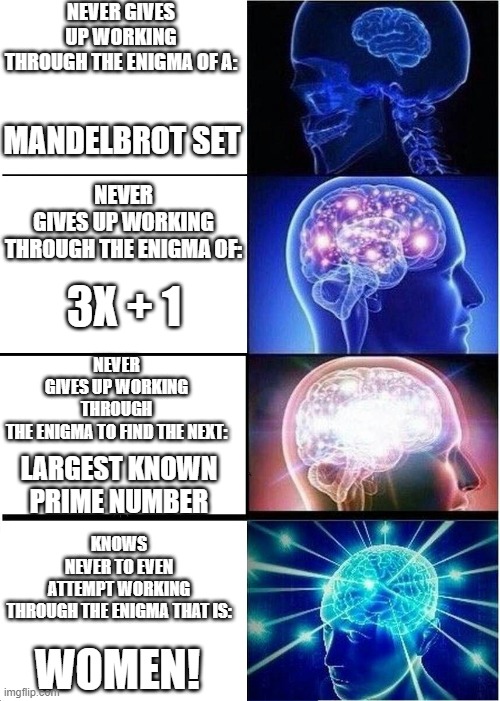 The Hardest Problem To Solve |  NEVER GIVES UP WORKING THROUGH THE ENIGMA OF A:; MANDELBROT SET; NEVER GIVES UP WORKING THROUGH THE ENIGMA OF:; 3X + 1; NEVER GIVES UP WORKING THROUGH THE ENIGMA TO FIND THE NEXT:; KNOWS NEVER TO EVEN ATTEMPT WORKING THROUGH THE ENIGMA THAT IS:; LARGEST KNOWN PRIME NUMBER; WOMEN! | image tagged in memes,humor,math,men and women,funny memes,truth | made w/ Imgflip meme maker