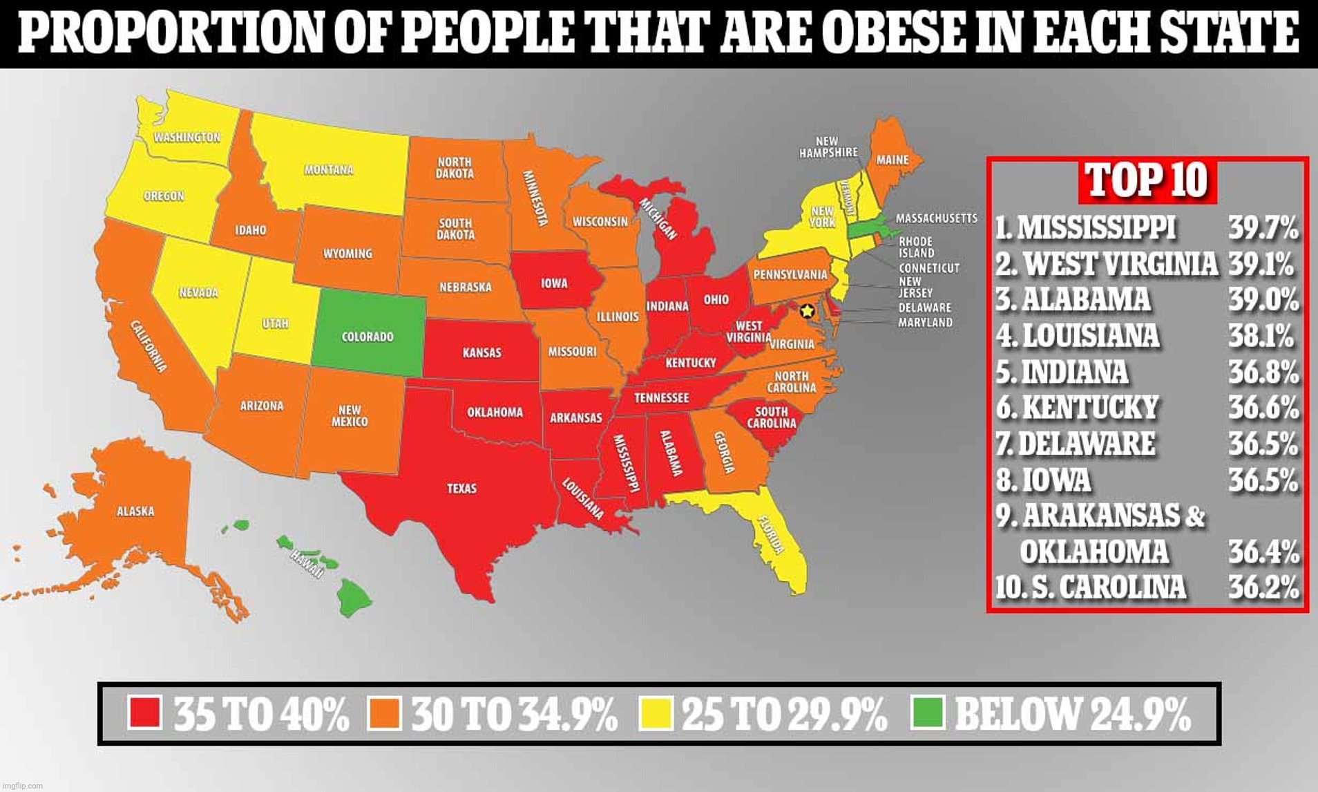 Obesity rates | image tagged in map,maps,obese,south,red states,gop | made w/ Imgflip meme maker