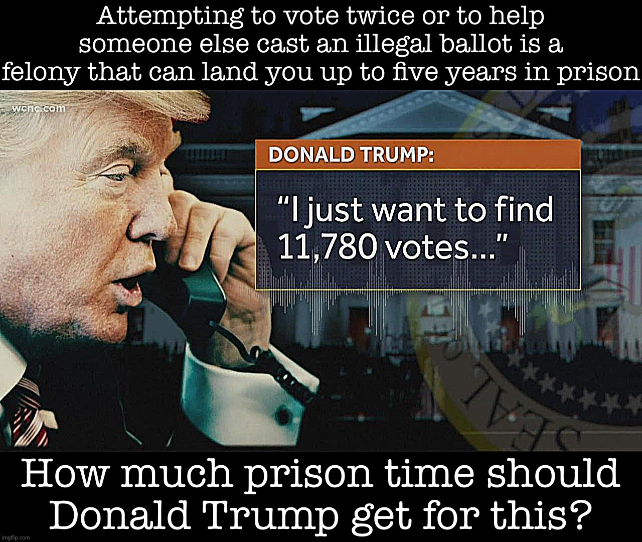 By my back-of-the-envelope calculation, that’s a sentence of 11,780-58,900 years. | Attempting to vote twice or to help someone else cast an illegal ballot is a felony that can land you up to five years in prison; How much prison time should Donald Trump get for this? | image tagged in donald trump find me votes | made w/ Imgflip meme maker