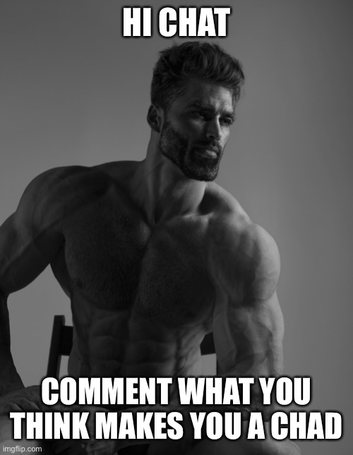 Giga Chad | HI CHAT; COMMENT WHAT YOU THINK MAKES YOU A CHAD | image tagged in giga chad | made w/ Imgflip meme maker