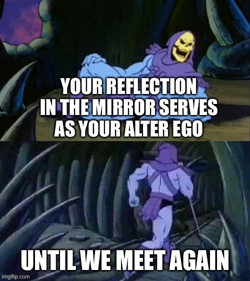 Reflections are something else | YOUR REFLECTION IN THE MIRROR SERVES AS YOUR ALTER EGO; UNTIL WE MEET AGAIN | image tagged in skeletor disturbing facts,memes | made w/ Imgflip meme maker