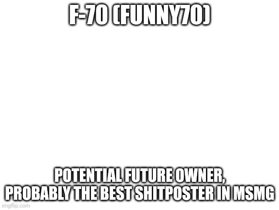 Blank White Template | F-70 (FUNNY70); POTENTIAL FUTURE OWNER, PROBABLY THE BEST SHITPOSTER IN MSMG | image tagged in blank white template | made w/ Imgflip meme maker