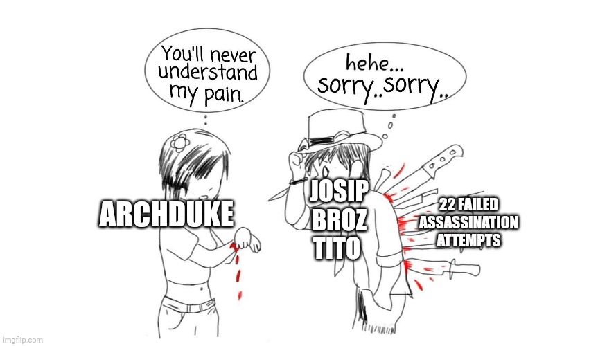 Well he invincible but not better than Castro that survived 638 assasination attempts | JOSIP BROZ TITO; 22 FAILED ASSASSINATION ATTEMPTS; ARCHDUKE | image tagged in you will never understand my pain | made w/ Imgflip meme maker