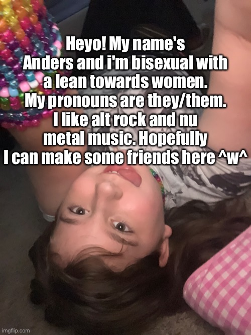 Heyo! My name's Anders and i'm bisexual with a lean towards women. My pronouns are they/them. I like alt rock and nu metal music. Hopefully I can make some friends here ^w^ | made w/ Imgflip meme maker