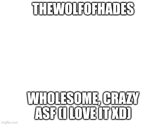 Blank White Template | THEWOLFOFHADES; WHOLESOME, CRAZY ASF (I LOVE IT XD) | image tagged in blank white template | made w/ Imgflip meme maker