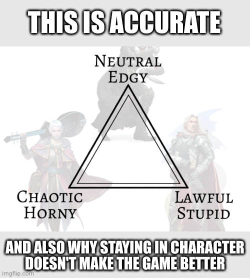 DnD Triangle Alignment | THIS IS ACCURATE; AND ALSO WHY STAYING IN CHARACTER
DOESN'T MAKE THE GAME BETTER | image tagged in dnd triangle alignment | made w/ Imgflip meme maker