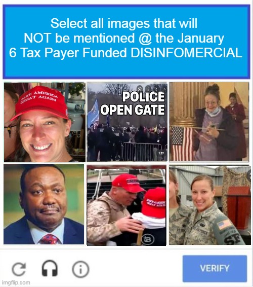 "CAPTCHA" of the American People | Select all images that will NOT be mentioned @ the January  6 Tax Payer Funded DISINFOMERCIAL | image tagged in jan 6 joke is on us | made w/ Imgflip meme maker