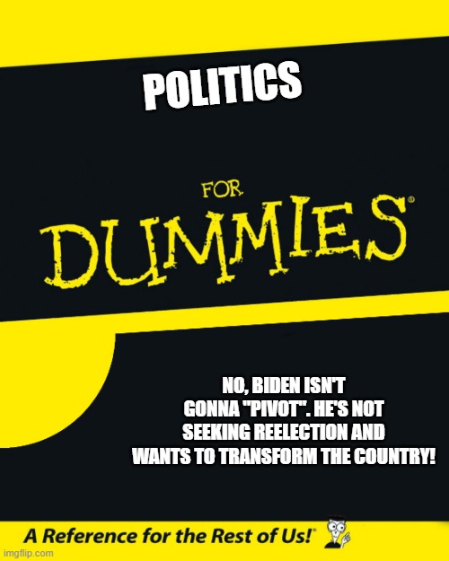 Not gonna do it | POLITICS; NO, BIDEN ISN'T GONNA "PIVOT". HE'S NOT SEEKING REELECTION AND WANTS TO TRANSFORM THE COUNTRY! | image tagged in for dummies | made w/ Imgflip meme maker
