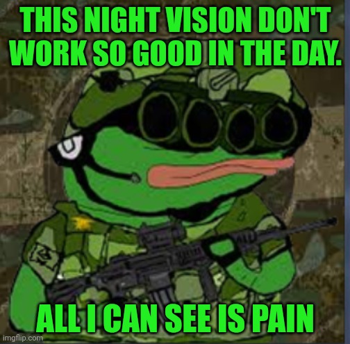 THIS NIGHT VISION DON'T WORK SO GOOD IN THE DAY. ALL I CAN SEE IS PAIN | made w/ Imgflip meme maker