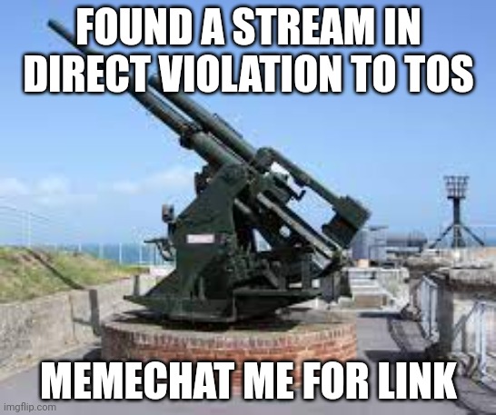 Report it |  FOUND A STREAM IN DIRECT VIOLATION TO TOS; MEMECHAT ME FOR LINK | image tagged in anti aircraft | made w/ Imgflip meme maker