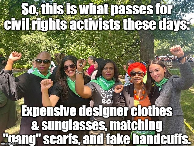 They could have at least tried hard enough to work up a little sweat equity. | So, this is what passes for civil rights activists these days:; Expensive designer clothes & sunglasses, matching "gang" scarfs, and fake handcuffs. | image tagged in the idiot squad,liars,actors,liberal hypocrisy,abortion is murder | made w/ Imgflip meme maker