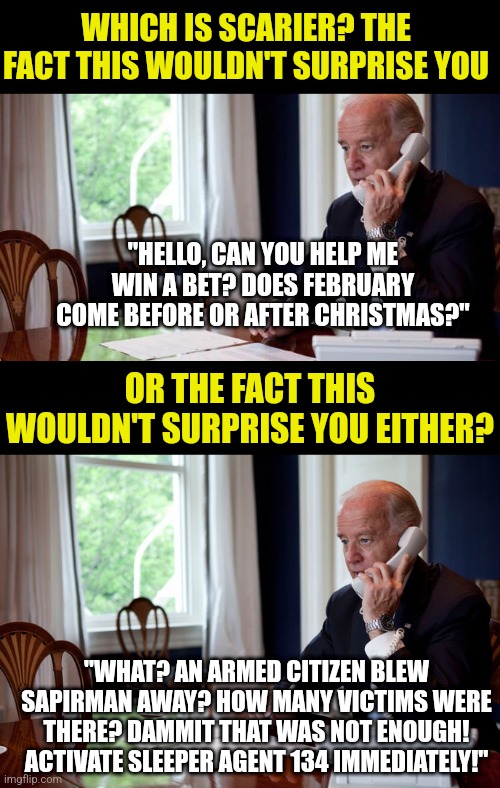 So other than inflation, mass shootings, and general political insanity, what is Biden's plan for this year? | WHICH IS SCARIER? THE FACT THIS WOULDN'T SURPRISE YOU; "HELLO, CAN YOU HELP ME WIN A BET? DOES FEBRUARY COME BEFORE OR AFTER CHRISTMAS?"; OR THE FACT THIS WOULDN'T SURPRISE YOU EITHER? "WHAT? AN ARMED CITIZEN BLEW SAPIRMAN AWAY? HOW MANY VICTIMS WERE THERE? DAMMIT THAT WAS NOT ENOUGH! ACTIVATE SLEEPER AGENT 134 IMMEDIATELY!" | image tagged in president joe biden on the phone,democrats,what if,theory,madness | made w/ Imgflip meme maker