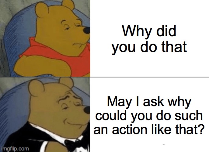 Tuxedo Winnie The Pooh Meme | Why did you do that; May I ask why could you do such an action like that? | image tagged in memes,tuxedo winnie the pooh | made w/ Imgflip meme maker