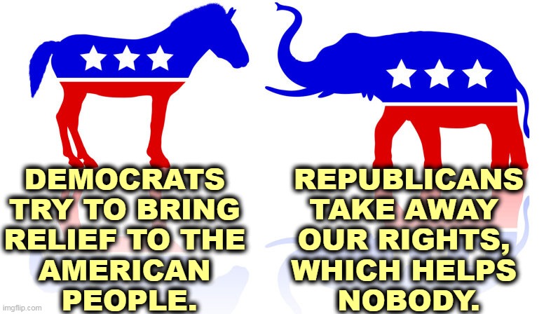 Republican hate will not put one meal on your table or one gallon of gas in your tank. |  DEMOCRATS 
TRY TO BRING 
RELIEF TO THE 
AMERICAN 
PEOPLE. REPUBLICANS
TAKE AWAY 
OUR RIGHTS, 
WHICH HELPS 
NOBODY. | image tagged in democrats,help,americans,republicans,harm,hate | made w/ Imgflip meme maker