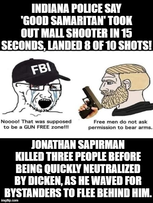 Good Guy with a gun beats police that are minutes away or too cowardly to act! | INDIANA POLICE SAY 'GOOD SAMARITAN' TOOK OUT MALL SHOOTER IN 15 SECONDS, LANDED 8 OF 10 SHOTS! JONATHAN SAPIRMAN KILLED THREE PEOPLE BEFORE BEING QUICKLY NEUTRALIZED BY DICKEN, AS HE WAVED FOR BYSTANDERS TO FLEE BEHIND HIM. | image tagged in hero,that s what heroes do | made w/ Imgflip meme maker