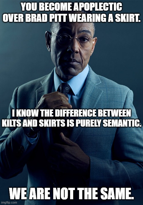 Gus Fring we are not the same | YOU BECOME APOPLECTIC OVER BRAD PITT WEARING A SKIRT. I KNOW THE DIFFERENCE BETWEEN KILTS AND SKIRTS IS PURELY SEMANTIC. WE ARE NOT THE SAME. | image tagged in gus fring we are not the same | made w/ Imgflip meme maker