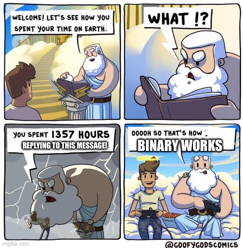 You spent 1357 Hours playing | REPLYING TO THIS MESSAGE! BINARY WORKS | image tagged in you spent 1357 hours playing | made w/ Imgflip meme maker