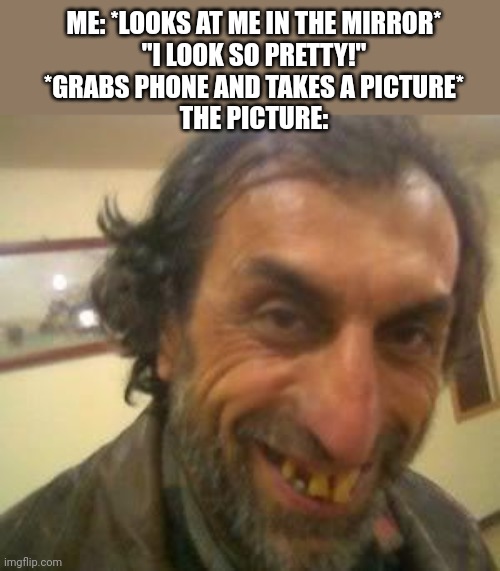 Why though | ME: *LOOKS AT ME IN THE MIRROR*
"I LOOK SO PRETTY!"
*GRABS PHONE AND TAKES A PICTURE*
THE PICTURE: | image tagged in ugly guy | made w/ Imgflip meme maker