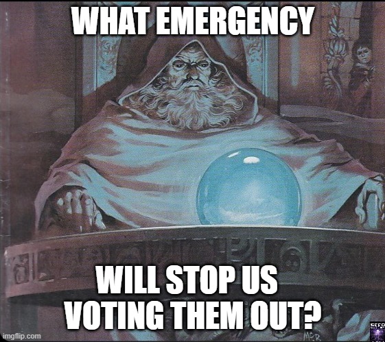 ponder | WHAT EMERGENCY; WILL STOP US  
VOTING THEM OUT? | image tagged in pondering my orb | made w/ Imgflip meme maker