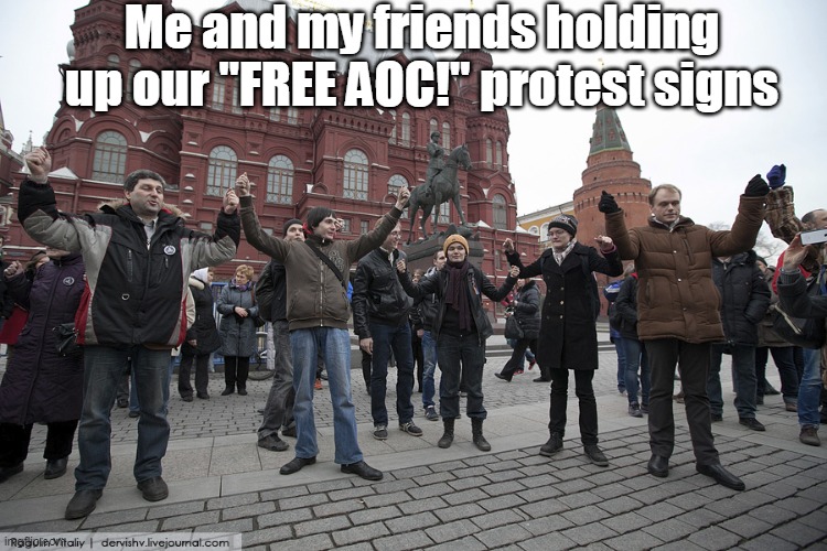 NO ONE deserves to be fake handcuffed!  Are we barbarians?! | Me and my friends holding up our "FREE AOC!" protest signs | image tagged in crazy aoc,fake,liar,actors,liberal hypocrisy | made w/ Imgflip meme maker