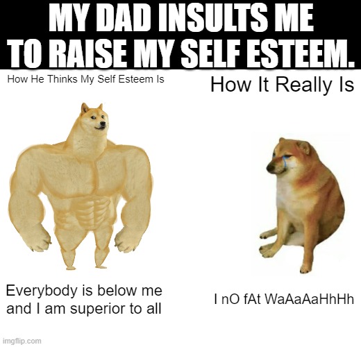 No self esteem? | MY DAD INSULTS ME TO RAISE MY SELF ESTEEM. How He Thinks My Self Esteem Is; How It Really Is; Everybody is below me and I am superior to all; I nO fAt WaAaAaHhHh | image tagged in memes,buff doge vs cheems | made w/ Imgflip meme maker