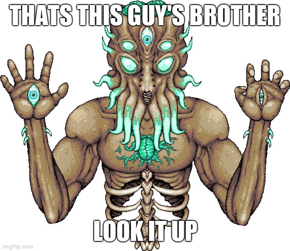 moon lord | THATS THIS GUY'S BROTHER LOOK IT UP | image tagged in moon lord | made w/ Imgflip meme maker