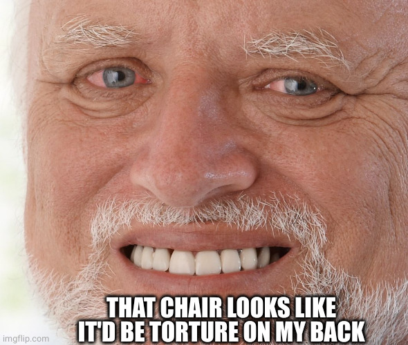 Hide the Pain Harold | THAT CHAIR LOOKS LIKE IT'D BE TORTURE ON MY BACK | image tagged in hide the pain harold | made w/ Imgflip meme maker