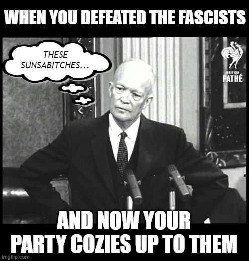 i like ike | WHEN YOU DEFEATED THE FASCISTS; THESE SUNSABITCHES... AND NOW YOUR PARTY COZIES UP TO THEM | image tagged in eisenhower,fascists | made w/ Imgflip meme maker