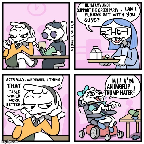 Stonetoss table comic | HI, I'M AMY AND I SUPPORT THE GREEN PARTY; AMY THE GREEN; AN IMGFLIP TRUMP HATER | image tagged in stonetoss table comic,stonetoss,rockthrow | made w/ Imgflip meme maker