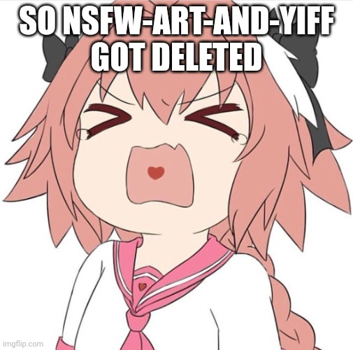:Sad: | SO NSFW-ART-AND-YIFF GOT DELETED | image tagged in astolfo cry | made w/ Imgflip meme maker