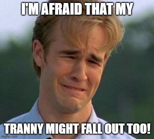 1990s First World Problems Meme | I'M AFRAID THAT MY TRANNY MIGHT FALL OUT TOO! | image tagged in memes,1990s first world problems | made w/ Imgflip meme maker