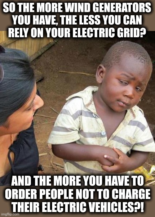 "Renewable energy" skeptical kid | SO THE MORE WIND GENERATORS YOU HAVE, THE LESS YOU CAN
RELY ON YOUR ELECTRIC GRID? AND THE MORE YOU HAVE TO
ORDER PEOPLE NOT TO CHARGE
THEIR ELECTRIC VEHICLES?! | image tagged in memes,third world skeptical kid,renewable energy,windmills,democrats,power grid | made w/ Imgflip meme maker