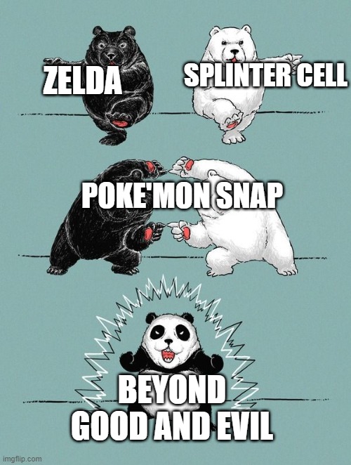Panda Fusion | SPLINTER CELL; ZELDA; POKE'MON SNAP; BEYOND GOOD AND EVIL | image tagged in panda fusion | made w/ Imgflip meme maker
