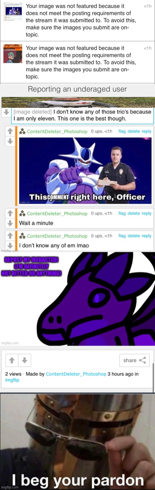The post where I reported a user I agree with I shouldn’t have done that, but asking why my fun stream meme was disapproved? Rea | image tagged in i beg your pardon | made w/ Imgflip meme maker