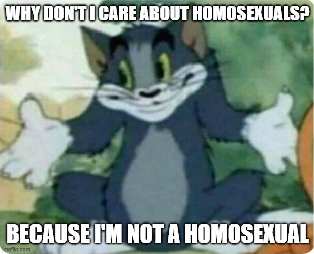 Tom Shrugging | WHY DON'T I CARE ABOUT HOMOSEXUALS? BECAUSE I'M NOT A HOMOSEXUAL | image tagged in tom shrugging | made w/ Imgflip meme maker