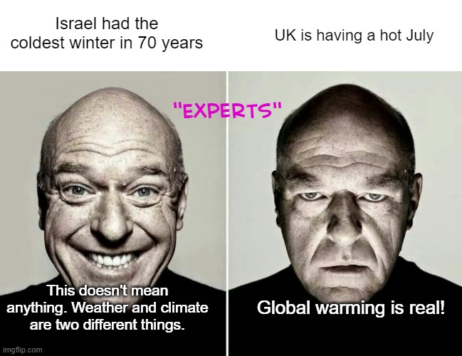 The fate of the world depends on what channel you're watching | Israel had the coldest winter in 70 years; UK is having a hot July; "Experts"; This doesn't mean anything. Weather and climate are two different things. Global warming is real! | image tagged in happy guy vs angry guy | made w/ Imgflip meme maker
