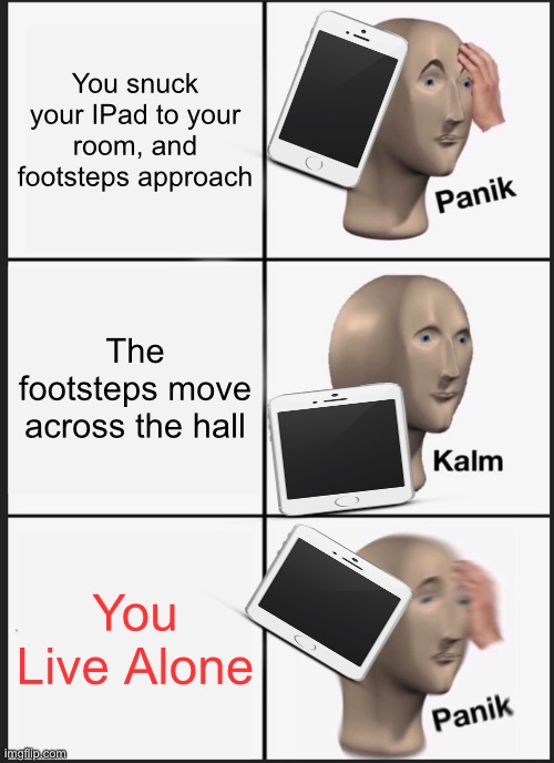 I’m not sweating- YOUR SWEATING… who am I talking to I live alone…. WAIT | You snuck your IPad to your room, and footsteps approach; The footsteps move across the hall; You Live Alone | image tagged in memes,panik kalm panik | made w/ Imgflip meme maker