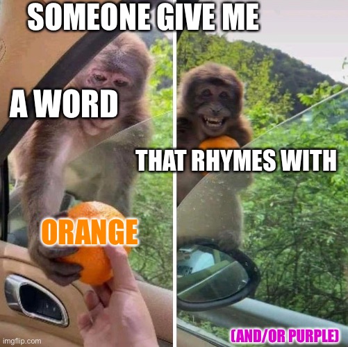 . |  SOMEONE GIVE ME; A WORD; THAT RHYMES WITH; ORANGE; (AND/OR PURPLE) | image tagged in monkey getting an orange | made w/ Imgflip meme maker
