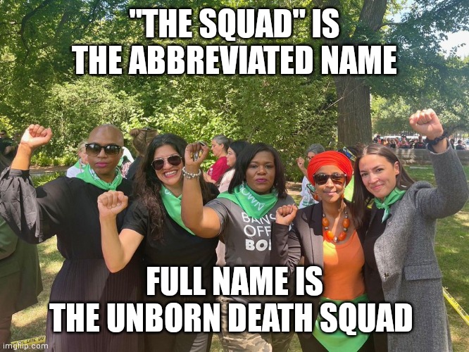 *Raises fists in solidarity with pregnant persons wishing to end life |  "THE SQUAD" IS THE ABBREVIATED NAME; FULL NAME IS
THE UNBORN DEATH SQUAD | image tagged in democrats,aoc,liberals,abortion | made w/ Imgflip meme maker
