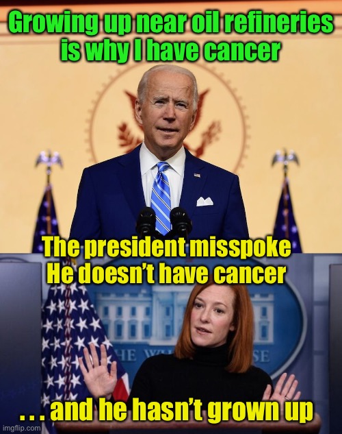 Biden’s latest gaffe | Growing up near oil refineries
is why I have cancer; The president misspoke
He doesn’t have cancer; . . . and he hasn’t grown up | image tagged in biden the elf,press secretary | made w/ Imgflip meme maker