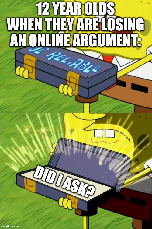 Ay I don't give a dam if I spelt losing wrong! | 12 YEAR OLDS WHEN THEY ARE LOSING AN ONLINE ARGUMENT:; DID I ASK? | image tagged in ol' reliable | made w/ Imgflip meme maker