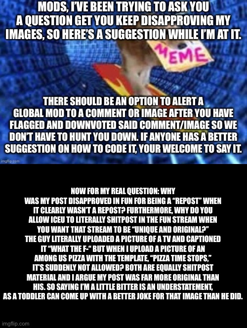 I just sent this to the imgflip stream, I’m definitely gonna get a timer for this | MODS, I’VE BEEN TRYING TO ASK YOU A QUESTION GET YOU KEEP DISAPPROVING MY IMAGES, SO HERE’S A SUGGESTION WHILE I’M AT IT. THERE SHOULD BE AN OPTION TO ALERT A GLOBAL MOD TO A COMMENT OR IMAGE AFTER YOU HAVE FLAGGED AND DOWNVOTED SAID COMMENT/IMAGE SO WE DON’T HAVE TO HUNT YOU DOWN. IF ANYONE HAS A BETTER SUGGESTION ON HOW TO CODE IT, YOUR WELCOME TO SAY IT. NOW FOR MY REAL QUESTION: WHY WAS MY POST DISAPPROVED IN FUN FOR BEING A “REPOST” WHEN IT CLEARLY WASN’T A REPOST? FURTHERMORE, WHY DO YOU ALLOW ICEU TO LITERALLY SHITPOST IN THE FUN STREAM WHEN YOU WANT THAT STREAM TO BE “UNIQUE AND ORIGINAL?” THE GUY LITERALLY UPLOADED A PICTURE OF A TV AND CAPTIONED IT “WHAT THE F-“ BUT WHEN I UPLOAD A PICTURE OF AN AMONG US PIZZA WITH THE TEMPLATE, “PIZZA TIME STOPS,” IT’S SUDDENLY NOT ALLOWED? BOTH ARE EQUALLY SHITPOST MATERIAL AND I ARGUE MY POST WAS FAR MORE ORIGINAL THAN HIS. SO SAYING I’M A LITTLE BITTER IS AN UNDERSTATEMENT, AS A TODDLER CAN COME UP WITH A BETTER JOKE FOR THAT IMAGE THAN HE DID. | made w/ Imgflip meme maker