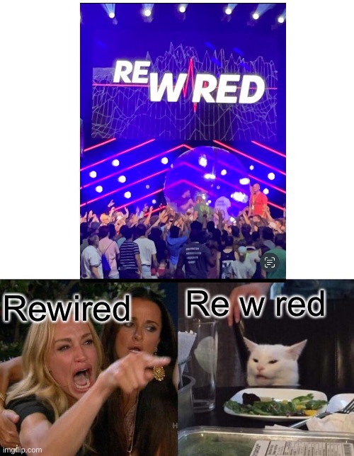 Insert creative title | Re w red; Rewired | image tagged in memes,woman yelling at cat | made w/ Imgflip meme maker