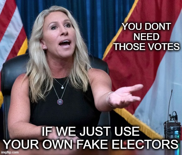 Marjorie Taylor Greene is this the holocaust | YOU DONT NEED THOSE VOTES IF WE JUST USE YOUR OWN FAKE ELECTORS | image tagged in marjorie taylor greene is this the holocaust | made w/ Imgflip meme maker