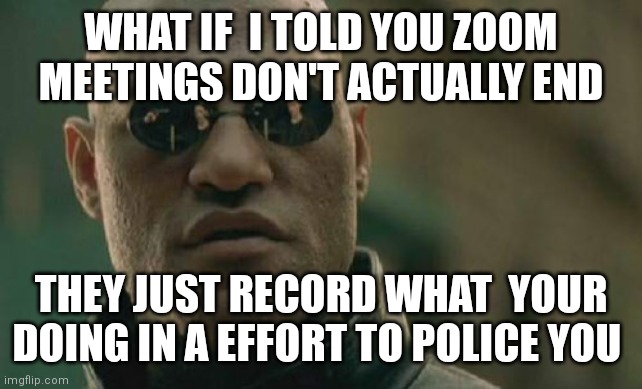 Matrix Morpheus Meme | WHAT IF  I TOLD YOU ZOOM MEETINGS DON'T ACTUALLY END THEY JUST RECORD WHAT  YOUR DOING IN A EFFORT TO POLICE YOU | image tagged in memes,matrix morpheus | made w/ Imgflip meme maker