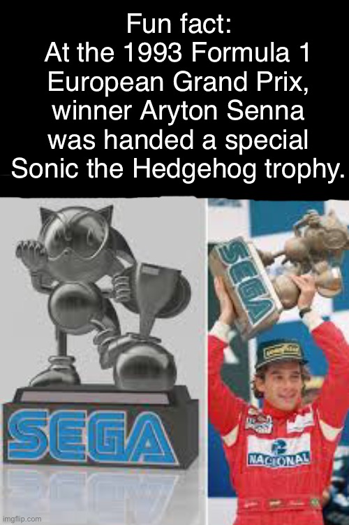 Cool right? | Fun fact:
At the 1993 Formula 1 European Grand Prix, winner Aryton Senna was handed a special Sonic the Hedgehog trophy. | image tagged in sonic the hedgehog,formula 1 | made w/ Imgflip meme maker