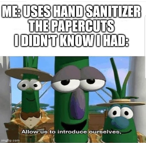 Relatable? | ME: USES HAND SANITIZER
THE PAPERCUTS I DIDN'T KNOW I HAD: | image tagged in allow us to introduce ourselves | made w/ Imgflip meme maker