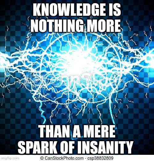 Insanity of Knowledge | KNOWLEDGE IS NOTHING MORE; THAN A MERE SPARK OF INSANITY | image tagged in knowledge,insanity | made w/ Imgflip meme maker